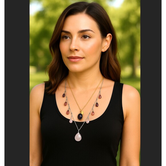 J. Jill Iced Rose Quartz Layered Charm Necklace Faceted Glass Teardrop Mixed NWT - Picture 1 of 15